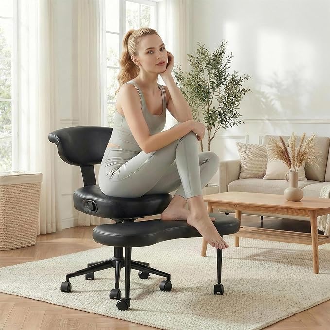 Ergonomic Cross Legged Office Chair with Lumbar Support, 360° Swivel Meditation Chair with Wheels - Adjustable Height for ADHD Desk & Yoga, Wide Criss Cross Chair, Kneeling Chair for Home, Black