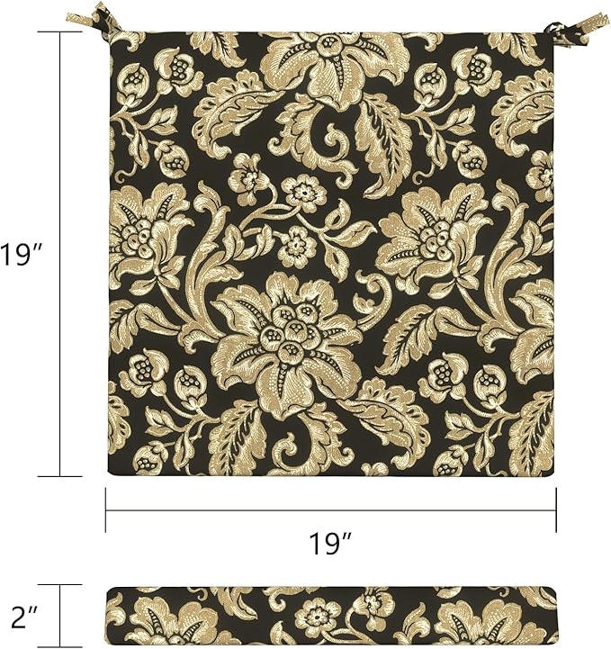 LVTXIII Outdoor Chair Cushions, Fade-Resistant Patio Furniture Cushions Outdoor Chair Pads with Ties for Dining Chairs and Garden Furniture Use, 19"x19"x2" 2 Pack, Jacobean Black