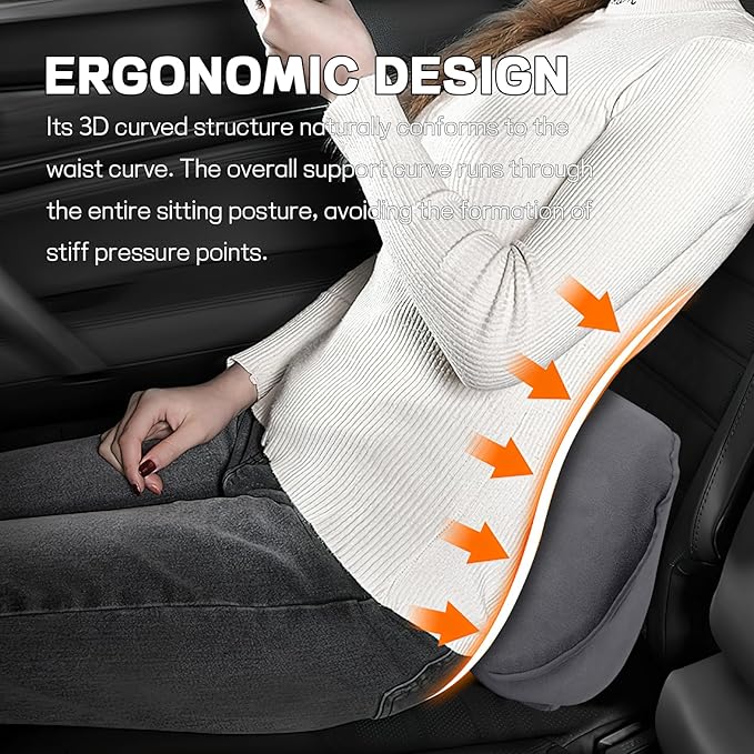 wuyaoyao Lumbar Support Pillow for Car, Memory Foam Auto Seat Lower Back Support Cushion for Back Pain Relief, Ergonomic Comfortable Driving Seat Lumbar Pillow, Universal Car Accessories (Dark Gray)