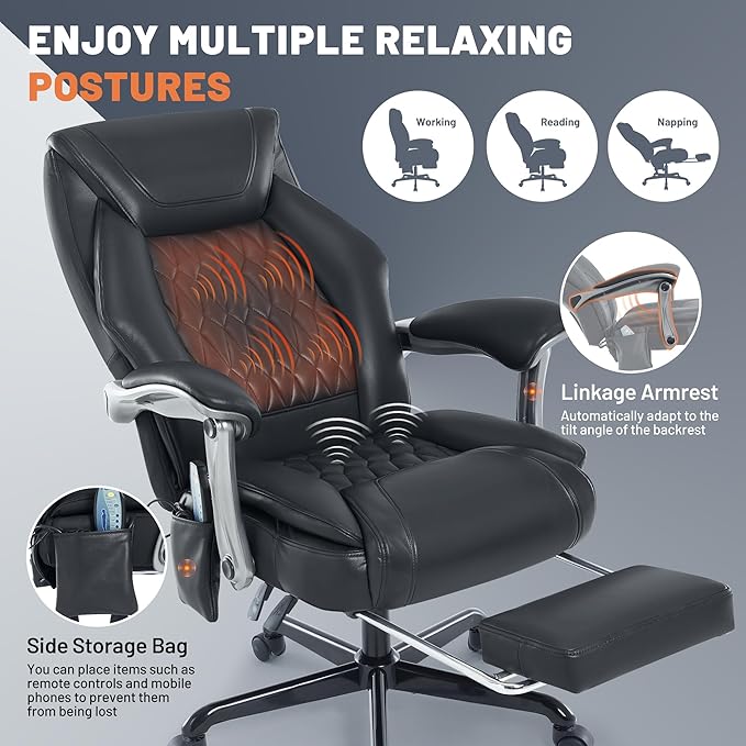 Massage Office Chair with Heat & Foot Rest, 6 Points Vibration, Ergonomic Executive Reclining Desk Chair, PU Leather Padded Seat for Home Office Comfort