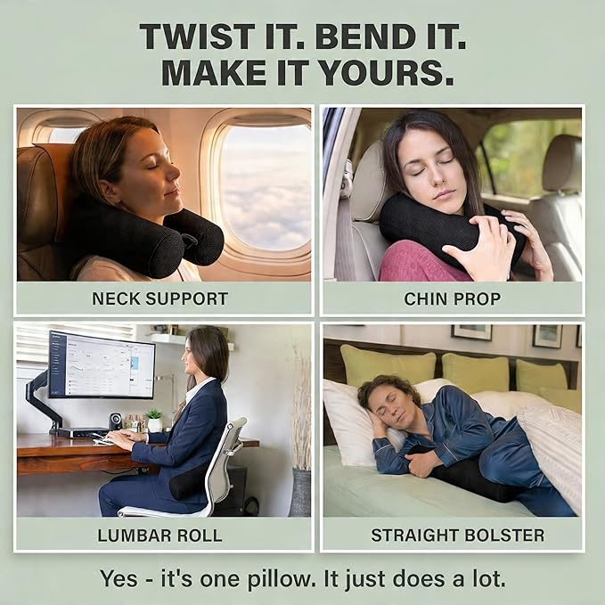 Dot&Dot Twist Memory Foam Travel Pillow for Airplanes - Travel Neck Pillow for Sleeping - Airplane Pillow for Neck Support - Adjustable, Bendable Neck Roll Pillow