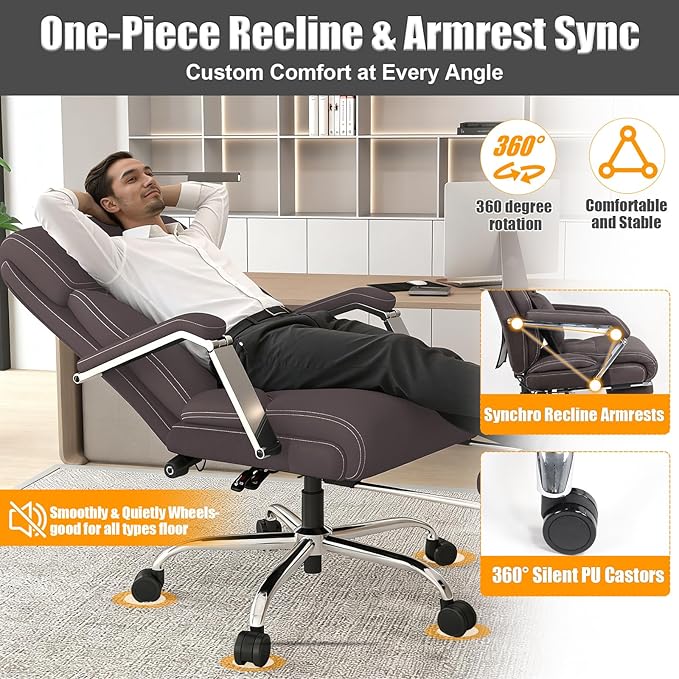 Ergonomic Executive Leather Office Chair with Footrest, Reclining Computer Desk Chair with Adjustable Lumbar Support, 360° Swivel, 400lbs Capacity