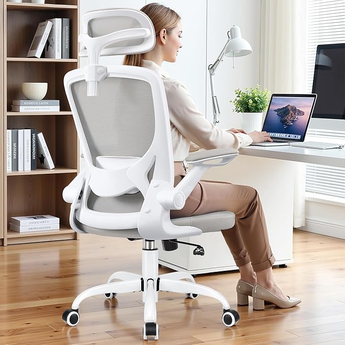 BESTFAIR Office Chair Ergonomic Desk Chair, Breathable Mesh Office Chairs with Adjustable Lumbar Support, Flip-Up Arms, Computer Desk Chair Comfy for Home Office, Light Gray