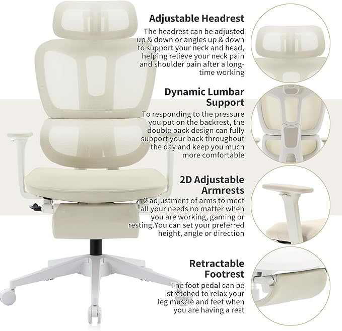 Ergonomic Office Chair with Footrest, 90-135° Reclining High Back Desk Chair with Lumbar Support, 2D Headrest, 2D Armrests, Computer Chair for Long Hours, Cream