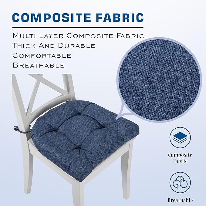 SQUARE MOON D-Shaped 3" Thick Chair Cushions, Chair Pads for Dining Chairs and Kitchen Chairs, Indoor Dining Room Seat Cushions with Ties, Machine Washable, 17" x 16" x 3", 4/Pack, Navy Blue