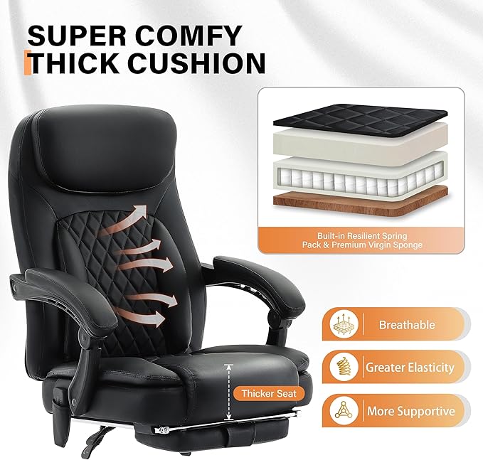 500LBS Massage Office Chair, 6 Points Vibration & Heat Executive Office Chairs, 135°Reclining Comfy Desk Chair with Foot Rest, Wider & Thicker Seat Cushion, PU Leather Big and Tall Gaming Chair, Black