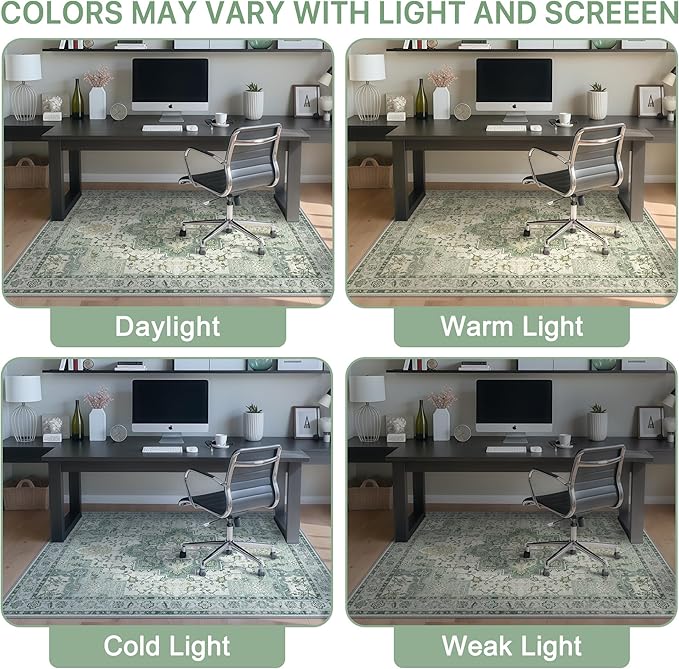 30"x48" Office Chair Mat for Hardwood Tile Floor, Under Desk Carpet Protector for Rolling Computer Chair Mat, Machine Washable Area Rug, Anti-Slip 1/5" Thick Low Pile Thin Vinyl Floor Mat, Green