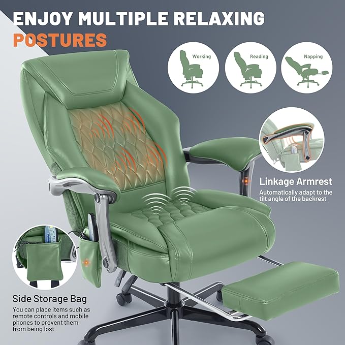 Massage Office Chair with Heat & Foot Rest, 6 Points Vibration, Ergonomic Executive Reclining Desk Chair, PU Leather Padded Seat for Home Office Comfort