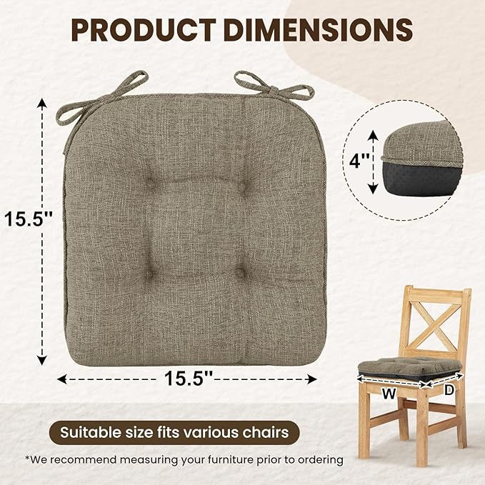 downluxe Indoor Chair Cushions for Dining Chairs, Tufted Overstuffed Textured Kitchen Chair Pads with Ties and Non-Slip Backing, 15.5" x 15.5" x 4", Khaki, 6 Pack