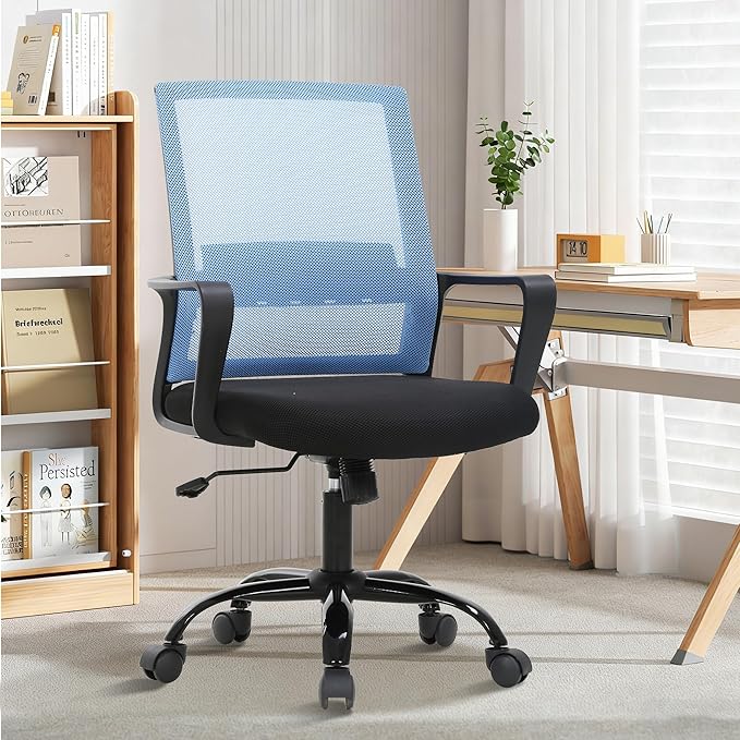Ergonomic Office Chair, Comfortable Home Desk Chair, Breathable Mesh Back Computer Chair and Lumbar Support, Adjustable Height, Sponge Seat, Blue