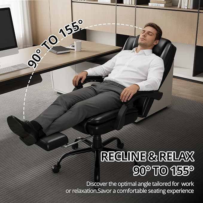 350lbs Big and Tall Executive Office Chair with Footrest, Reclining High Back Leather Desk Chair, Wide Seat with Pocket Spring Lumbar Support and Pillow, Ergonomic Computer Chair for Home Office Black