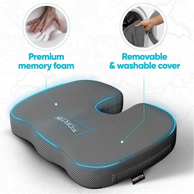 FORTEM Seat Cushion, Office Chair Cushion, Memory Foam Car Seat Cushions, Sciatica Coccyx Tailbone Pain Relief, Chair Cushions for Back Support, Sitting Pad for Gaming, Washable Cover, Non Slip, XL
