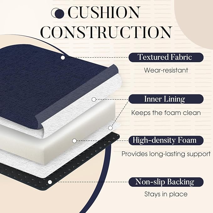 Basic Beyond Chair Cushions for Dining Chairs with Ties and Removable Cover, 2" Thick Seat Cushions for Kitchen Chairs, Set of 4, 17" x 16", Navy
