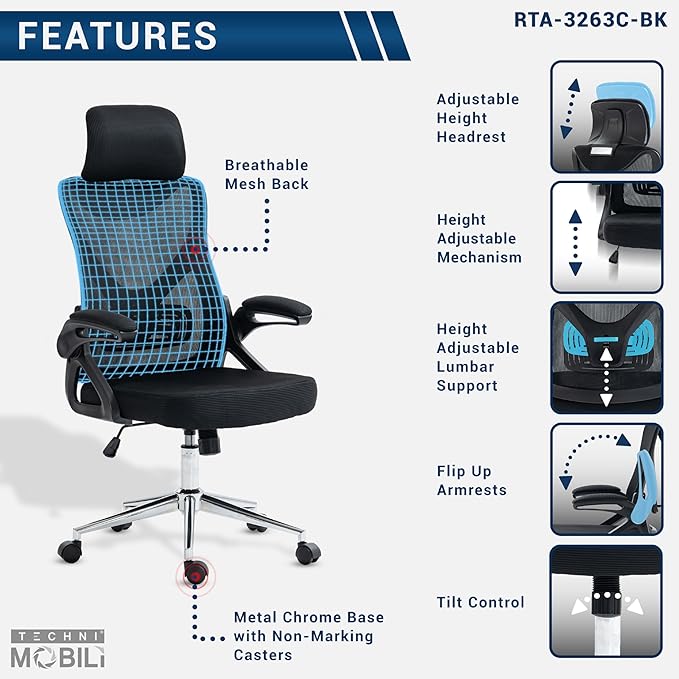 Ergonomic Office Chair with Adjustable Lumbar Support & Headrest, Height Adjustable High Back Mesh Desk Chair with Wheels and Flip Up Arms, Black