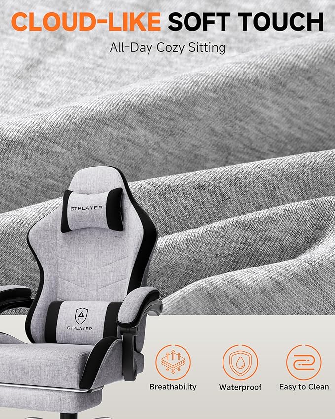 GTPLAYER Gaming Chair with Footrest, Computer Gaming Chair for Adults and Kids, Height Adjustable Gamer Chair with 90-155° Recline & Removable Headrest Lumbar Support,Linen Fabric Gray-Black