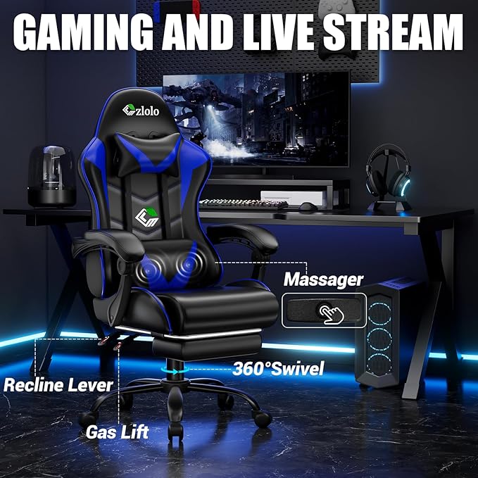 Czlolo Gaming Chair with Footrest Racing Style Lumbar Support Massager Video Game Chair with Metal Legs, High Back Reclining Gamer Chair with Headrest, 360° Swivel Office Computer Desk Chair (Blue)