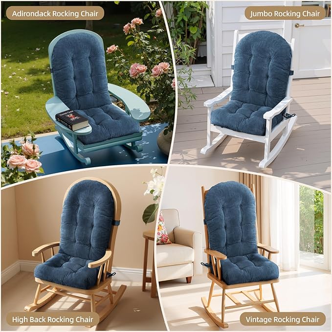 Rocking Chair Cushion - Corduroy Fabric, High-Density Sponge, Durable Comfort Non-Slip Bottom Tufted Seat Pads with Ties, Corduroy︱Dark Blue, 44x19x4 inch