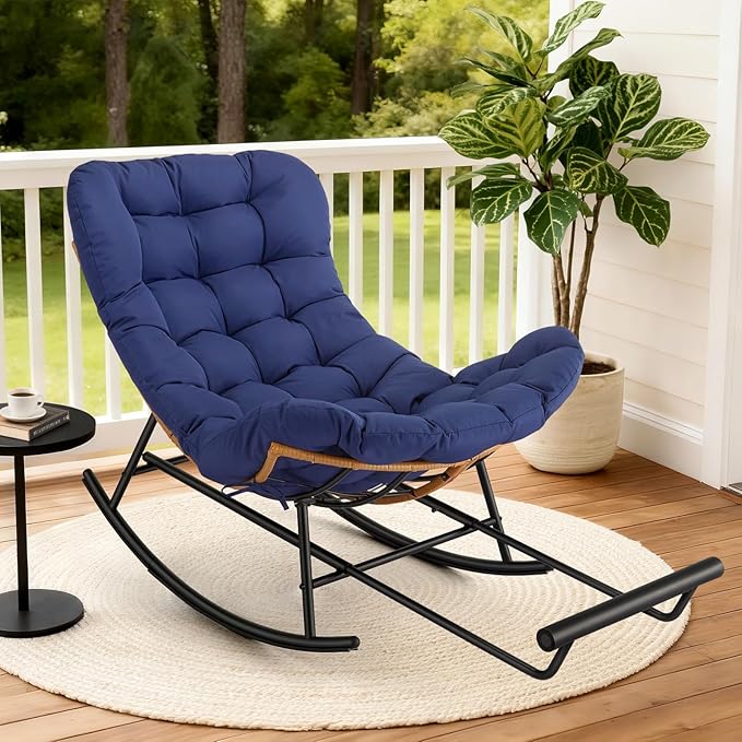 Jojoka Oversized Papasan Rocking Chair with Detachable Foot Rest, PE Rattan Rocker with Thick Removable Cushion, Metal Frame Lounge Chair for Indoor Outdoor Patio Garden Porch Living Room
