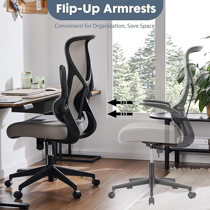 DUMOS Home Office Desk Chair - Ergonomic High Back Mesh Computer Chair with Comfy Flip-up Armrests, Adjustable Height Swivel Task Chair with Wheels, Comfortable Lumbar Support, for Adults, Gery