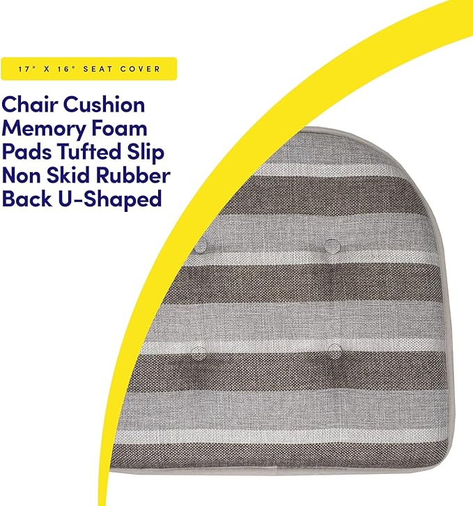 Sweet Home Collection Chair Cushion Memory Foam Pads Tufted Slip Non Skid Rubber Back U-Shaped 17" x 16" Seat Cover, 2 Count (Pack of 1), Bradford Silver/Brown