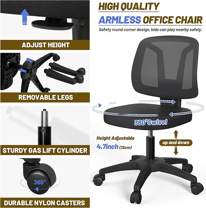 Small Ecgonomic Flexible Computer Home Task Chair Swivel No Arms with Adjustable Height and Lumbar Support for Adult and Child