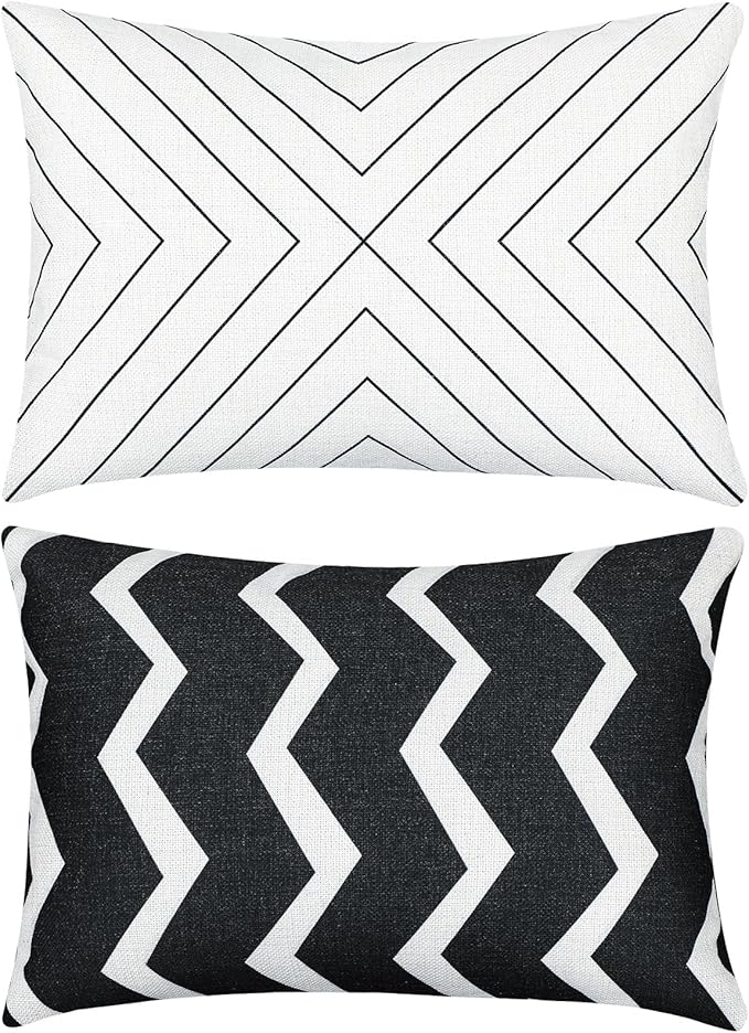 Juexica 2 Pack Chaise Lounge Pillow with Strap Outdoor Waterproof Beach Chair Neck Headrest Pillow Adjustable Elastic Band for Hammock Lumbar Recliner Pillows for Patio Pool Chair(Classic Black White)