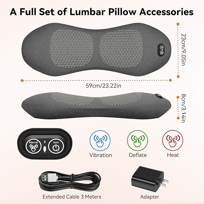 3in 1 Smooth Spine Triple Fusion Back Massager Electric Lumbar Support Pillow withHeat, Vibration & Adjustable Traction -Memory Foam Back Massager for Lower BackPain Relief