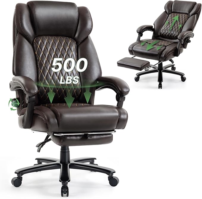 Reclining Office Chair with Retractable Footrest & Adjustable Lumbar Support - 500 lbs Capacity for Big and Tall Users, Leather Executive Desk Chair for Home Office, Work, and Relaxation, Brown