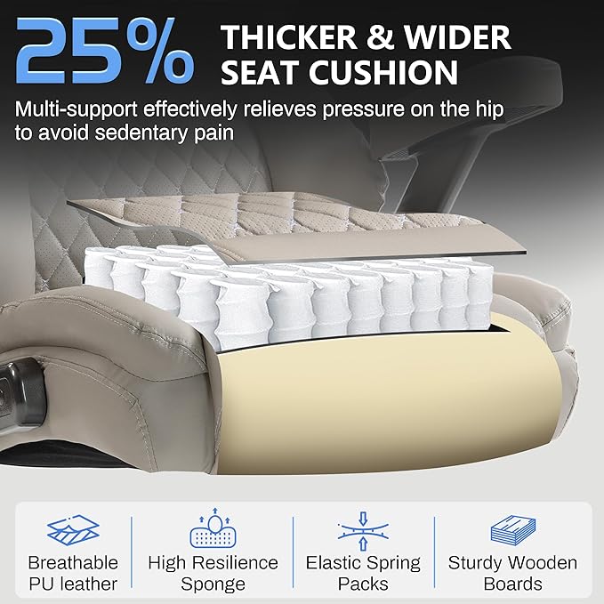 Big and Tall Office Chair 750lbs, Executive Office Chair with Adjustable Headrest&Lumbar Airbag Support, PU Leather High Back Heavy Duty Desk Chair 5D Flip Arms, Ergonomic Thick Spring Cushion, Beige