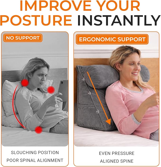 Cheer Collection Reading Wedge Pillow - Adjustable Wedge Reading Pillow with Neck Support, Hollow Fiber-Filled Backrest Pillow for Reading, Gaming, and TV Watching, Gray