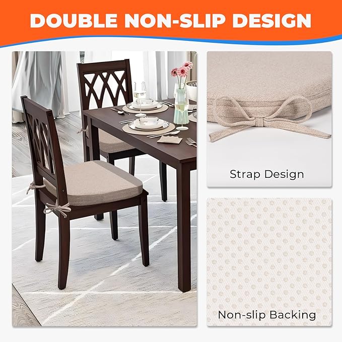 Sunsleek Chair Cushions for Dining Chairs, D-Shaped Seat Cushions with Removable Washable Cover and Ties, Chair Pads for Kitchen, Indoor Dining Room, Patio Chairs, 17'' x 16'', Set of 4, Khaki