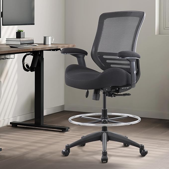 BOLISS 400lbs Mid Back Mesh Ergonomic Drafting Chair for Standing Desk Office Wide Chair Built-in Lumbar Support Big Adjustable Foot Ring Height Adjustable Armrest (Black)