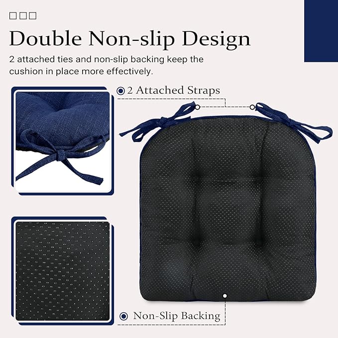 Wellsin Chair Cushions for Dining Chairs, Non-Slip Kitchen Chair Pads with Ties, Tufted Shredded Foam Kitchen Chair Cushions Set of 4, 15.5" X 15.5", Royal Blue
