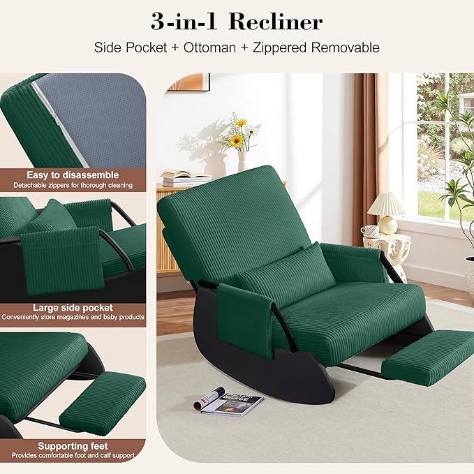 FelixKing Rocking Chair Nursery, Low-Seat Glider Chair, Upholstered Rocking Chair with Side Pocket and Foot Rest, Comfortable Modern Accent Armchair Recliner for Mom Nursery Living Room Bedroom Green