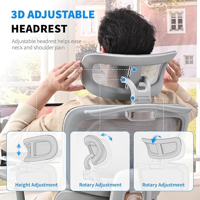 Mesh Ergonomic Office Chair with Footrest, High Back Mesh Gaming Chair with Lumbar Support, Adjustable Headrest and Armrests for Home Office Desk Chair (Modern, Grey)