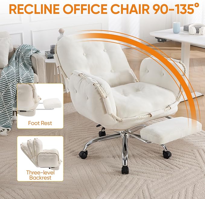 Criss Cross Office Chair with Foot Rest Flip Armrests for Pets and Comfortable Cross Legged Office Chairs for Women Reclining Office Chair Desk Chair Comfy Vanity Chair with Back and Wheels Beige