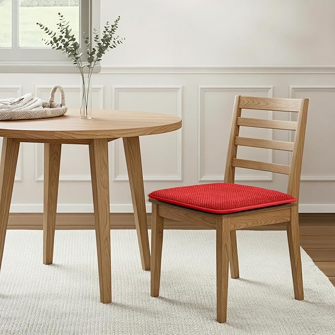 puredown® Chair Cushions for Dining Chairs, Set of 2 Memory Foam Seat Cushions with Non-Slip Backing & Ties, 16" x 16" x 1.5", Comfortable & Supportive Dining Chair Pads for Kitchen, Red
