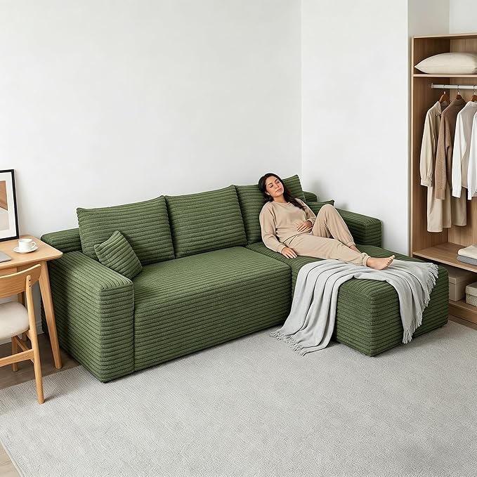 94" Boneless Couches with Right Facing Chaise for Living Room,Corduroy Sectional Couch,L-Shape Cloud Couches Compressed Memory Foam Cloud Sofa,No Assembly Required,Green