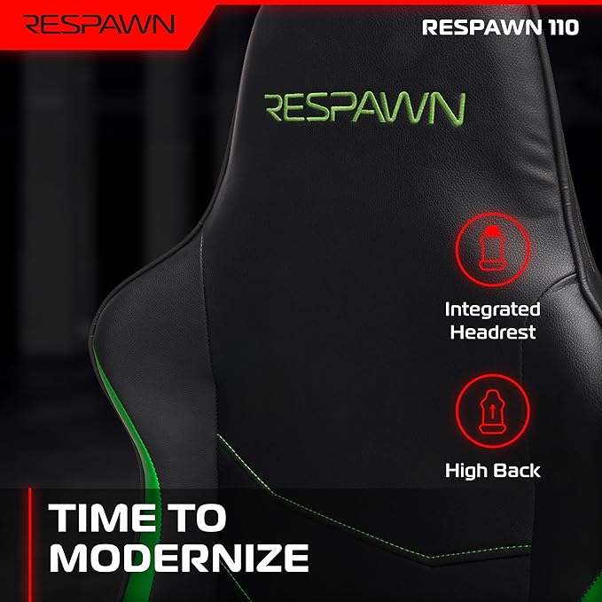 Respawn 110 Ergonomic Gaming Chair - Reclining Office Video Game Swivel Chair with Lumbar Support, Headrest, Heavy Duty, High Back, Racing Style Gaming Recliner Seat for Computer Gamer - Green