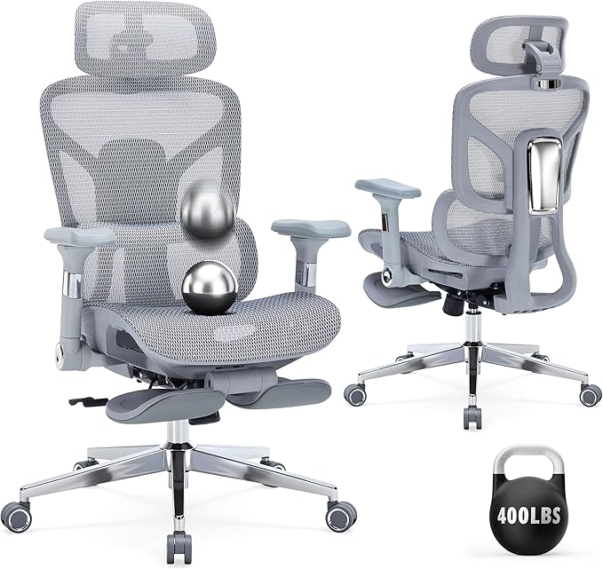 Ergonomic Office Chair with Footrest - 400lbs Heavy Duty Mesh Desk Chair, 5D Armrests, 3D Lumbar, 5 Level Backrest, Adjustable Headrest, Reclining High Back Swivel Chairs for Home Office
