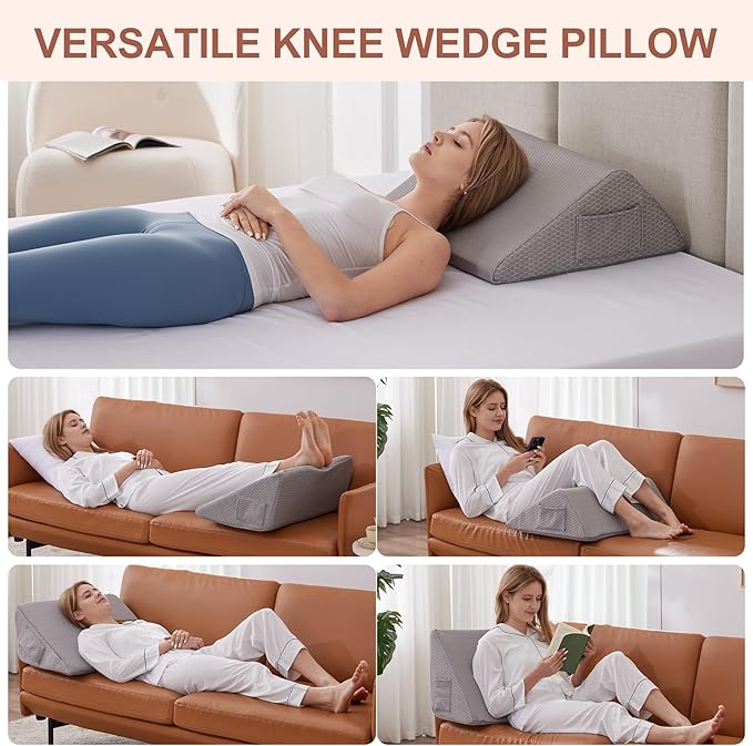 Bedluxe Knee Wedge Pillow, Memory Foam Leg Pillow Knee Pillow for Back Sleeping, Wedge Pillows for Legs Post Surgery, Triangle Pillow for Knee Support, Leg Elevation, Knees Hip Back Pain Relief, Grey
