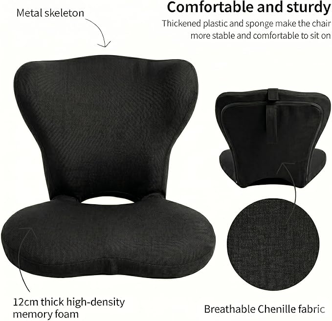 Adjustable Foldable Chair Cushions with Backrest, Lumbar Support Cushion with Detachable Headrest Pillow, Ergonomic Support Seat Cushion Chair for Office, Home, Car & Floor Sitting (Black)