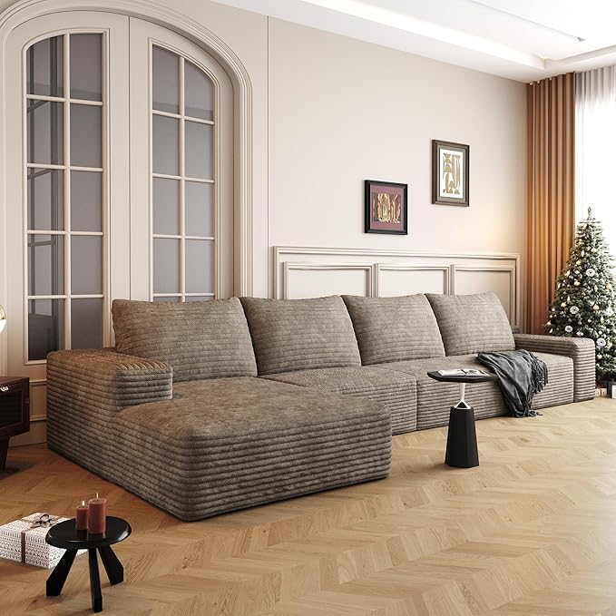 135" Corduroy Couch Sectional with Chaise, L Shape Boneless Cloud Couches for Living Room Bedroom, Modular Corner Couch, Fluffy Deep Seat Compression Sofa, Left Facing Chaise, No Assembly, Camel