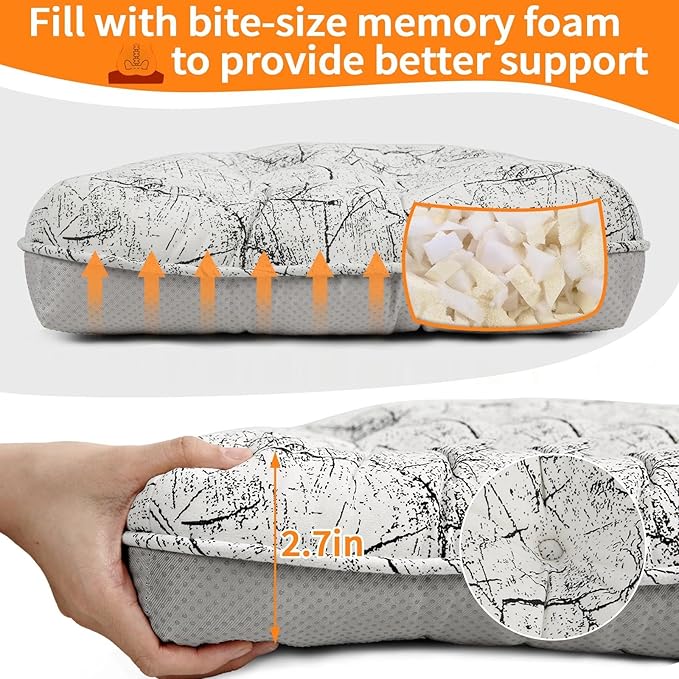 Marble Pattern 3" Chair Cushion for Dining Chair, Filling Bite-Size Memory Foam U-Shaped Seat Cushions for Kitchen Chairs, Non-Slip Indoor Chair Pad with Ties, Set of 4, White