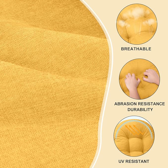 Rocking Chair Cushion - Chenille Fabric, High-Density Sponge, Durable Comfort Non-Slip Bottom Tufted Seat Pads with Ties, Chenille︱Yellow, 44x19x4 inch