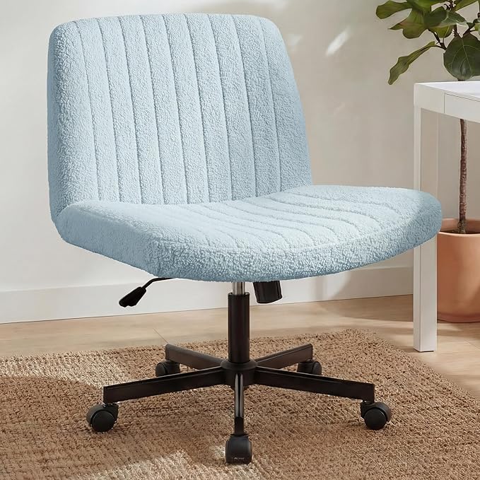 Orange Factory Criss Cross Chair Wheels Vanity Chair Office Desk Comfy Wide Cross Legged Armless Teddy Fabric Adjustable Swivel for Home Computer Task (Blue, Teddy Fleece)