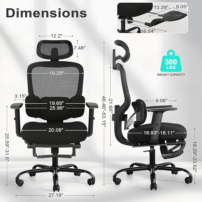 Ergonomic Office Chair with Footrest, Mesh Desk Chair with Adjustable Headrest & Armrests & Dynamic Floating Wing Lumbar Support, High Back Computer Chair for Home Office, BIFMA Certified, Black