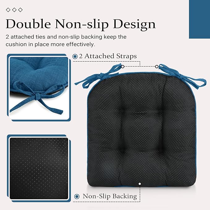 Wellsin Chair Cushions for Dining Chairs, Non-Slip Kitchen Chair Pads with Ties, Tufted Shredded Foam Kitchen Chair Cushions Set of 4, 15.5" X 15.5", Turquoise