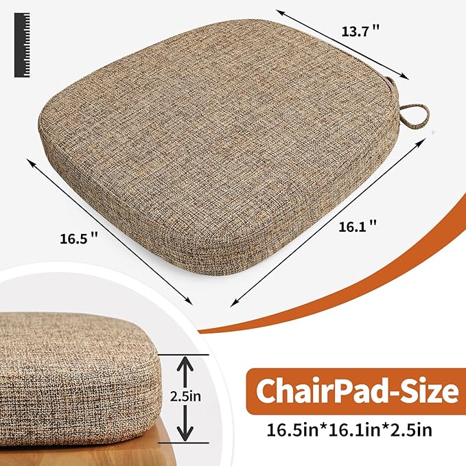 SINOSSO Thickened 2.5" Dining Chair Cushion, Soft Blended High Density Support Foam Kitchen Seat Cushion with Ties, U-Shaped Non-Slip Indoor Chair Pad, 16.5" x 16", 1 PCS, Light Brown