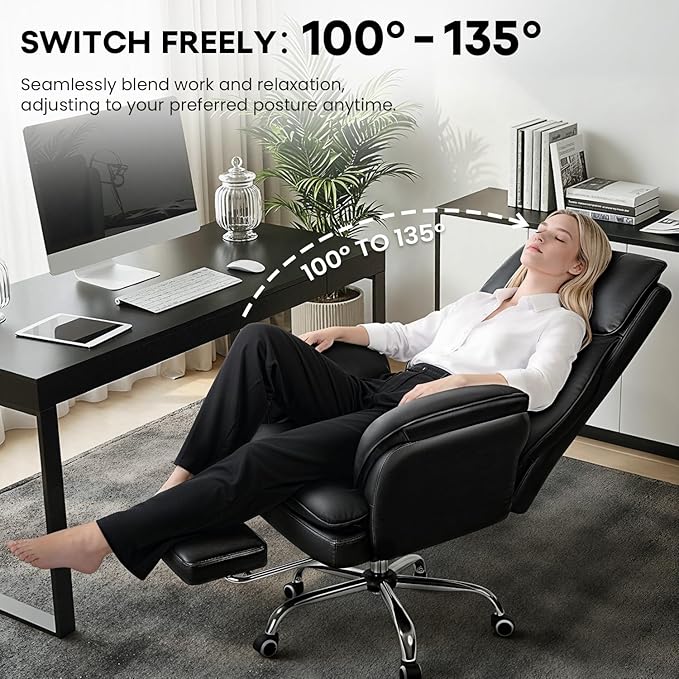 OFIKA Big and Tall Office Chair 400LBS,Flip Armrests for Pets & Cross Legged Sitting, Ergonomic Leather Executive Desk Chair with Foot Rest, Ergonomic High Back Leather Executive Chair, Black